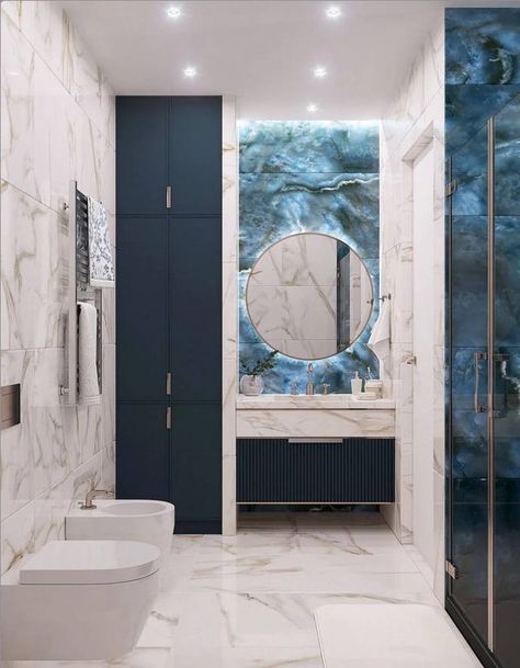 Blue Modern Bathroom, Bathroom Wall Design, House Design Bathroom, Bathroom Designs Modern, Interior Bathroom Design, Bathroom Wall Ideas, Best Bathroom Ideas, Bathroom Designs Ideas, New Bathroom Designs