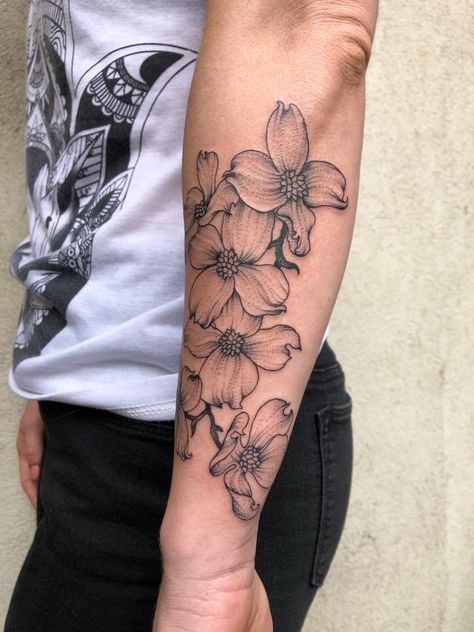 Dogwood Flower Tattoo Forearm, Cross With Dogwood Flowers Tattoo, Dogwood Flowers Drawing, Dogwood Tree Tattoos For Women, Dog Wood Flowers Tattoo, Pink Dogwood Flower Tattoo, Fine Line Dogwood Flower Tattoo, Dogwood Shoulder Tattoo, Dogwood Flower Tattoo Shoulder