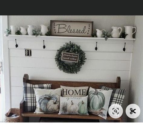 Entryway Pew Bench Decor, Stairway Bench Ideas, Wall With Bench Decor, Shoe And Coat Storage Entryway Rustic, Front Entry Bench Farmhouse, Entry Wall Shelf, Fall Entry Bench Decor, Inside Bench Decor, Entry Bench With Back