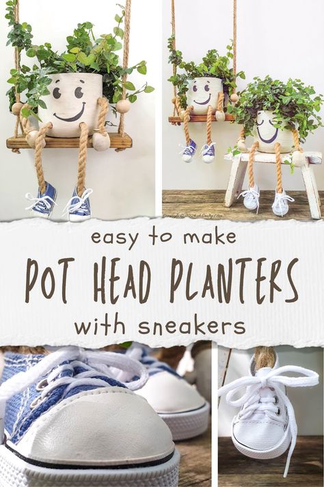 Have we got a fun craft tutorial for you this week! Join us as we share how to make these adorable pot head planters. The step-by-step guide will show you how to dress them up in sneakers and give them little cartoon hands too! They’re a great conversation starter and will add a playful vibe to your home or garden decor! Upcycle Pots For Plants, Creative Planter Ideas Indoor, Pot Heads Planters, Homemade Plant Pots Diy, Creative Pots For Plants, Diy Pots For Plants, Summer Diy Decor, Spring Pots, Unique Succulents