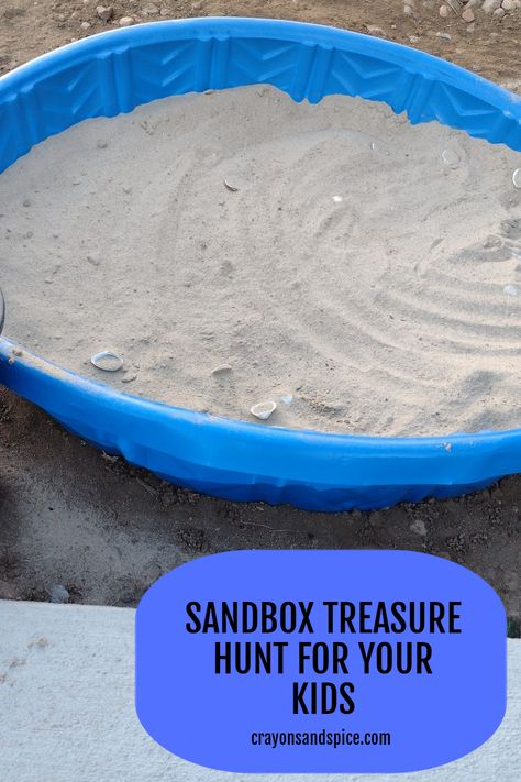 Picture of a kid's pool filled with sand and seashells Sandbox Treasure Hunt, Sand Treasure Hunt, Under The Sea Treasure Hunt, Under The Sea Camp Activities, Mermaid Treasure Hunt, Under The Sea Games, Treasure Hunt Birthday, Dive Club, Ocean Games