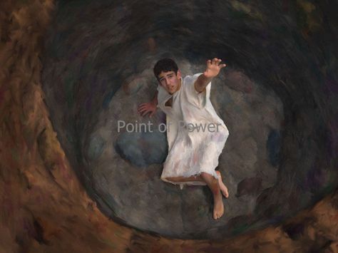 Joseph was thrown in the pit by his own brothers but he held fast to his faith in God's ultimate plan for him. Joseph In The Pit, Biblical Artwork, The Bible Movie, Christian Stories, Ancient History Facts, Jesus Songs, Jesus Artwork, Bible Study Printables, Lds Art