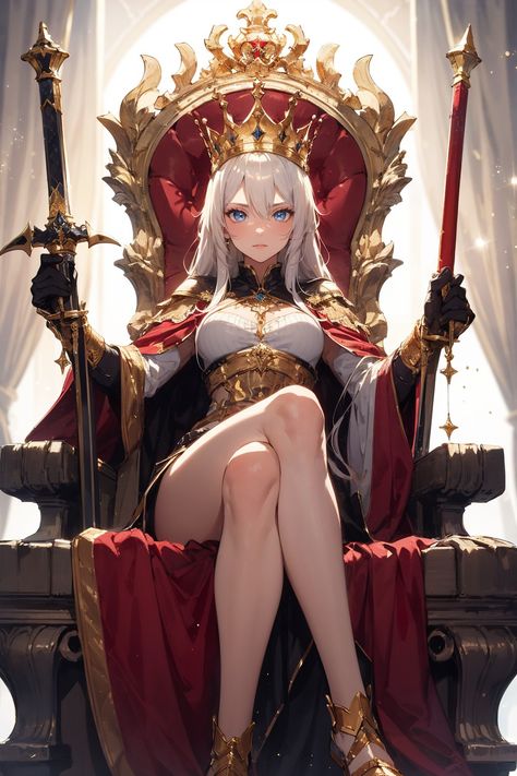 Crown Anime Queen, Queen Sitting On Throne Drawing, Queen On Throne Art, Sitting On Throne Reference, Golden Hair Blue Eyes, Queen Sitting On Throne, Throne Poses, Queen Poses Reference, Anime Throne