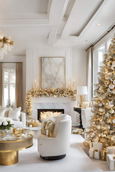 White and gold christmas decor,White and gold christmas tree White Silver And Gold Christmas Decor, Christmas Decor Gold And White, Christmas Decor Ideas White And Gold, Gold Christmas Aesthetic, Christmas White And Gold, White And Gold Christmas Decor, Christmas Decor White, White Gold Christmas, Holiday Bedroom Decor