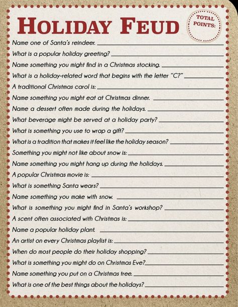 Friendmas Party Games For Adults, Holiday Feud Game, Christmas Eve Celebration Ideas, Christmas Eve Night Ideas, Fun Christmas Eve Ideas, Christmas Family Activities For Adults, Fun Christmas Eve Activities, Christmas Family Gathering Ideas, Christmas Eve Game Ideas