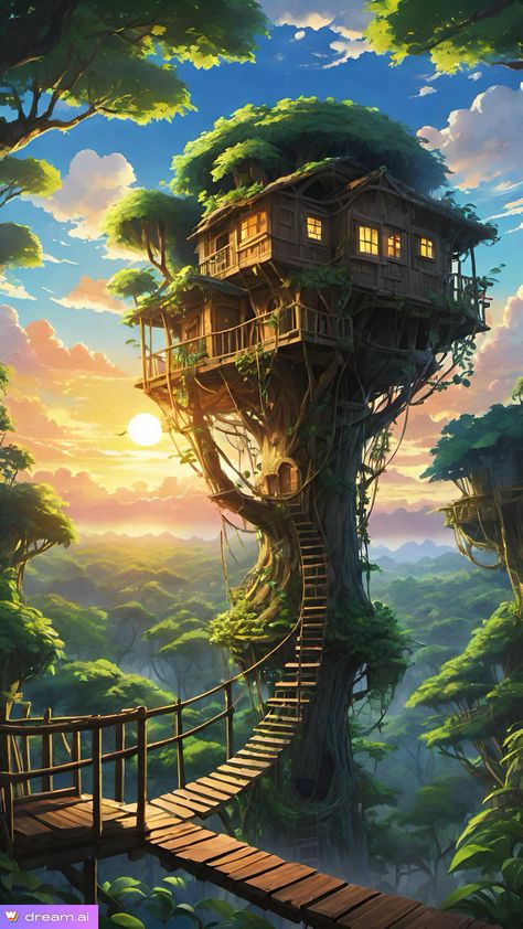 House Near Waterfall, Dungeons And Dragons Halloween, Fantasy Treehouse, 2024 Wallpaper, Anime House, Board Wallpaper, Fantasy Tree, Building Images, Jungle Wallpaper