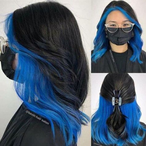 Colour Under Hair, Hair Color Ideas Bottom Half, Hair Color Ideas Multicolor, Navy Blue Money Piece Hair, Blue Picaboo Hair, Halloween Hair Color Ideas For Brunettes, Peekaboo Split Dye, Vivid Hair Color Ombre, Hair Dye Ideas For Shoulder Length Hair