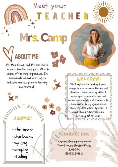 Meet Your Teacher, Teacher Introduction Letter, Teacher Introduction, Teacher Poster, Introduction Letter, Classroom Welcome, Meet The Teacher Template, Teacher Posters, Teaching Organization