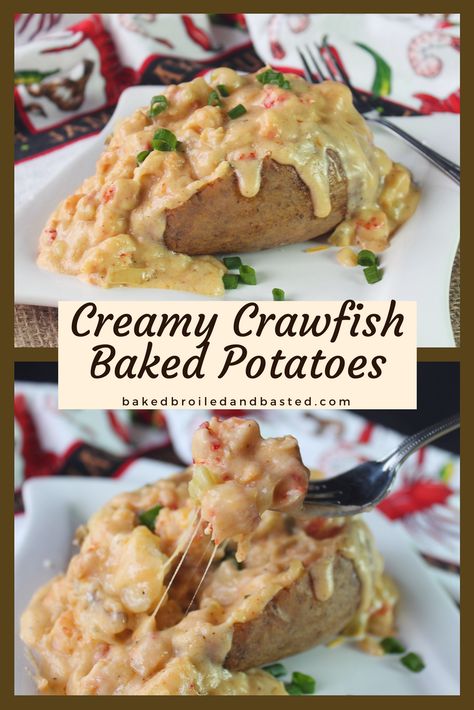 Creamy Crawfish Baked Potatoes Crawfish Baked Potato, Crawfish Dishes, Crawfish Recipes, Hp Sauce, Stuffed Baked Potatoes, Seafood Bake, Cajun Dishes, Cajun Creole Recipes, Baked Potato Recipes