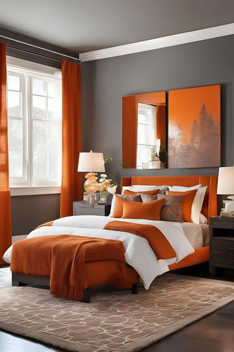 Orange White Bedroom, Grey And Orange Bedroom, Orange And Grey Bedroom, Burnt Orange Bedroom Ideas, Grey Curtains Bedroom, Orange Bedroom Ideas, Burnt Orange Bedroom, Fresh Room, Orange Rooms