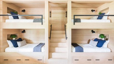 Let's Talk 30A! | Does anyone know of a local craftsman who can build out a bunk house room like this photo | Facebook L Shaped Built In Bunk Beds, Lake House Bunk Rooms, Oak Bunk Beds, Bunk Room Ideas, Bunk Bed Room, Bunk Bed Rooms, Custom Bunk Beds, House Bunk Bed, Bunk Beds Built In