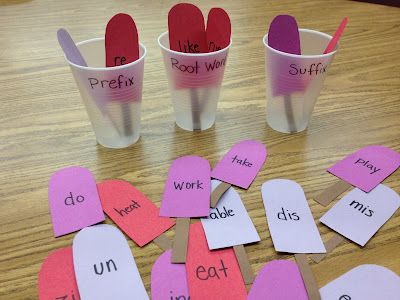 Word Identification 1 - Popsicles were made into 3 categories, prefixes, suffixes and root words. The children have to sort them out and then use a recording sheet to make 6 words out of any of the combinations. Holiday Writing, Base Words, Prefixes And Suffixes, Root Words, Teaching Language Arts, 3rd Grade Reading, Teaching Literacy, Word Study, Phonics Activities