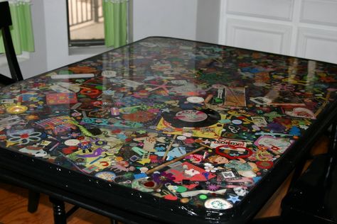 Junk table. Going to do this for each kid once they grow out of these things. Spy Stuff, Sarah Rae, Child Life Specialist, Resin Table Top, School Auction, Auction Projects, Table Farmhouse, 3d Cnc, Resin Furniture