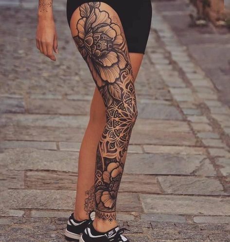 Dark Feminine Leg Sleeve, Ornamental Leg Sleeve Tattoo, Woman’s Leg Sleeve, Womans Leg Sleeve Tattoos, Full Leg Tattoo Female Black, Female Shin Tattoo, Mandala Tattoo Leg Sleeve, Full Leg Tattoos Women Sleeve, Leg Piece Tattoo Women