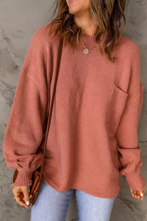 US$ 9.66 Drop-shipping Solid Color Puffy Sleeve Pocketed Sweater for Women Comfy Jumpsuits, Pocket Sweater, Estilo Chic, Drop Shoulder Sweaters, Long Sleeve Knit Sweaters, Sweater Material, Loose Sweater, Clothing Essentials, Lantern Sleeve