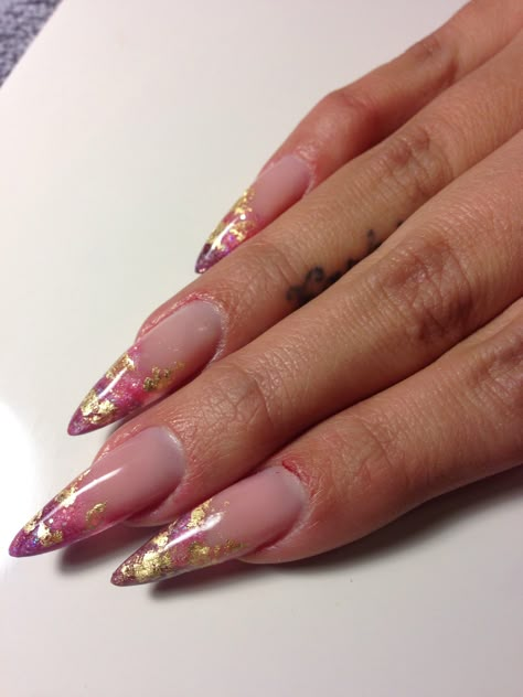 Clear Nails Gold Design, Gold Flakes Almond Nails, Acrylic Inlay Nails, Pink And Gold Leaf Nails, Gold Flake Almond Nails, Pink Gold Leaf Nails, Gold Flake French Tip Nails, Flakes Nails Design, Encapsulated Almond Nails