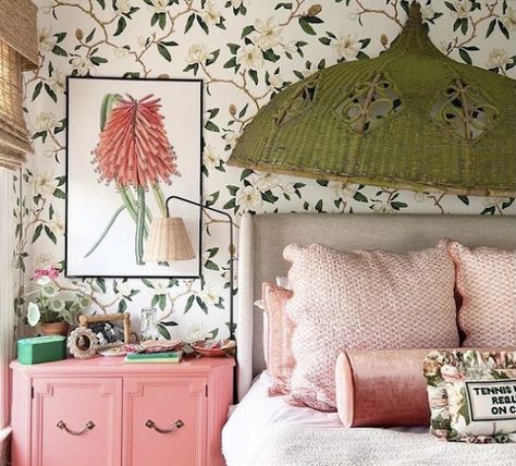 Chinoiserie Chic Bedroom, Parisian Chic Bedroom, Chinoiserie Bedroom, Wicker Lamp Shade, Magnolia Wallpaper, Grandmillenial Style, Parisian Decor, Palm Beach Regency, Feminine Bedroom