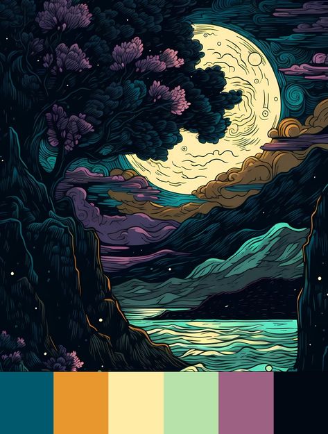 Color palette based on an image of moonlight over a landscape. Shades of green, orange, purple, black Bedroom Colour Pallets Inspiration, Nighttime Colour Palette, Limited Color Pallet Illustration, Dreamy Color Palette Dark, Tiefling Color Palette, Whimsigoth Colour Palette, Color Schemes Branding, Mystical Colour Palette, Moon Color Pallete