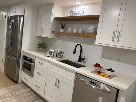 Basement kitchen White Basement Kitchenette, Kitchenette Sink Ideas, Basement Kitchenette White Cabinets, Basement Bar Kitchenette, Basement Small Bathroom Ideas, Simple Basement Kitchenette, Small Basement Kitchen Ideas Layout, Basement Kitchen With Island, Basement Kitchens One Wall