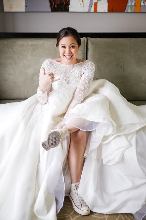 Wedding Gown And Sneakers Outfit, Wedding Dresses With Sneakers, Bride With Sneakers, Bridal Sneakers Brides, Sneakers Wedding Dress, Bride In Sneakers, Wedding Dress And Sneakers, Wedding Dress Sneakers, Wedding Dress With Sneakers