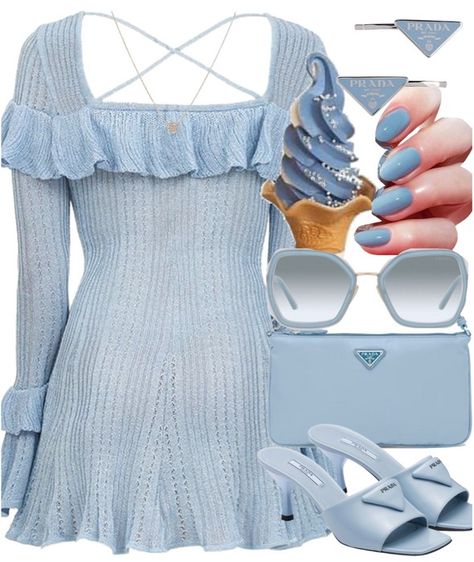 ice cream date Outfit | ShopLook Ice Cream Date Outfit, Pastel Blue Dress, Ice Cream Date, Light Blue Nails, Date Outfit, Blue Sunglasses, Blue Purse, Outfit Shoplook, Date Outfits