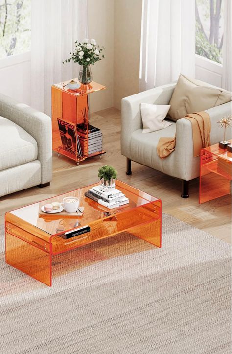 Orange acrylic plastic see through coffe table  with extra bottom shelf Lucite Table, Acrylic Coffee Table, Coffee Table Wayfair, Formal Living, Contemporary Home Decor, Open Storage, Living Room Coffee Table, New Living Room, Formal Living Rooms