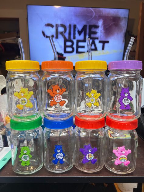 * swear Bear Care Bears  * 15 oz acrylic mason jar tumbler  * uv dtf design  * clear plastic  * includes lid and straw Care Bear Room, Quinceanera Beauty And The Beast, Cups With Cricut, The Music Freaks, Mason Jar Tumbler, Music Freaks, Hello Kitty Shoes, Diy Tumbler, Baby Cups