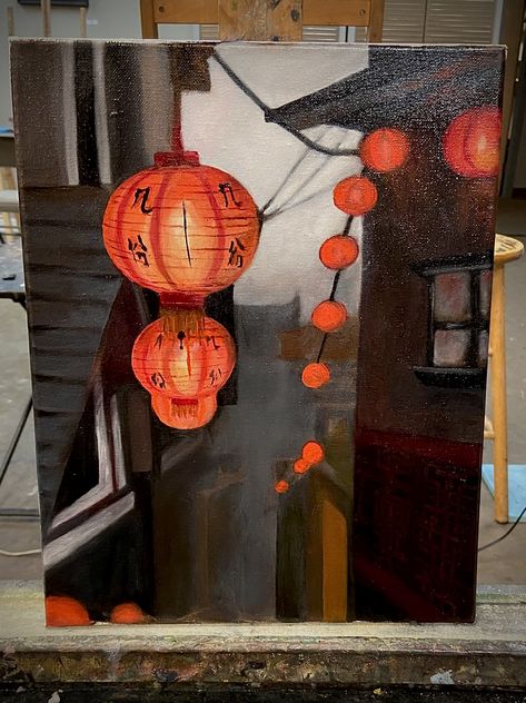 My first oil painting. I wanted to do chinese lanterns to give a nod to my past and because I think they're pretty. Enjoy :) Bridge Art Paintings, Lantern Painting, Bridge Art, Zen Colors, Chinese Lantern, Chinese Lanterns, My Past, Aesthetic Painting, Painting Acrylic