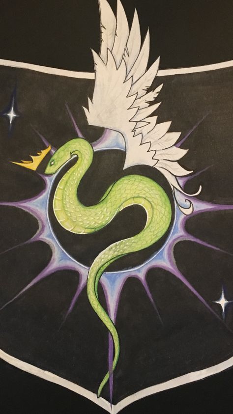 Crowned winged serpent Winged Snake Art, Snake With Wings, Artificer Artillerist, Winged Snake, Medieval Crest, Dnd Warlock, Winged Serpent, Snake Painting, The Vulture