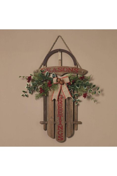 Sled Wreaths, Christmas Decor Brown, Decorating A Wall, Christmas Sled Decoration, Indoor Christmas Decor, Sled Decor, Wood Sled, Christmas Sled, Traditional Colonial