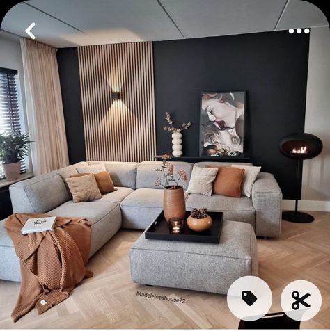 Gray Black And Wood Living Room, Batton Walls Living Room, Modern Living Room Gray Couch, Gray And Camel Living Room, Caramel Couch Living Room, Living Room Wall Colors 2024, Modern Comfy Living Room Ideas, Square Living Room Ideas, Big Living Room Designs