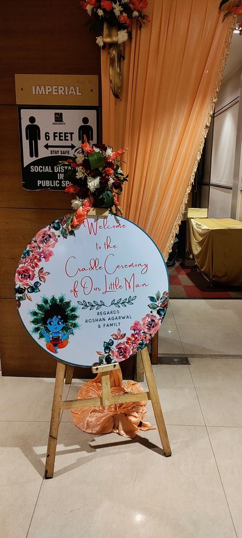 Welcome Ceremony Decorations, Cradling Ceremony Decoration, Cradle Ceremony Welcome Board, Anprashan Decoration At Home, Naming Ceremony Welcome Board, Simple Cradle Ceremony Decorations, Namakaranam Decoration, Naming Ceremony Background, Naming Ceremony Decorations Indian