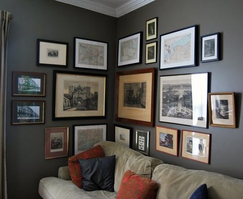 Frames Corner Gallery Wall, Corner Art, Frame Arrangement, Photo Corner, Toronto Houses, Corner Bookshelf, Gallery Wall Inspiration, Living Room Corner, Condo Decorating