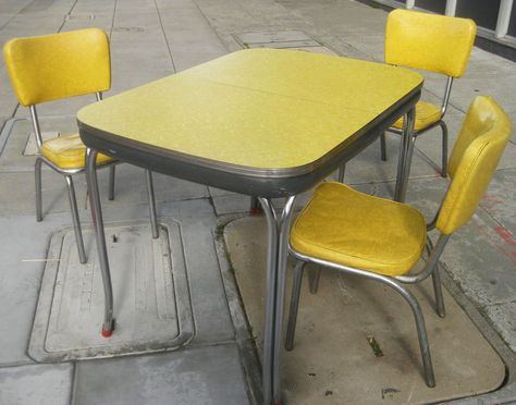 yellow arborite table Yellow Kitchen Table, Thrift Furniture, Yellow Chrome, Vintage Kitchen Table, Kitchen Table And Chairs, Formica Table, 50s Kitchen, Chair Photography, Chrome Kitchen