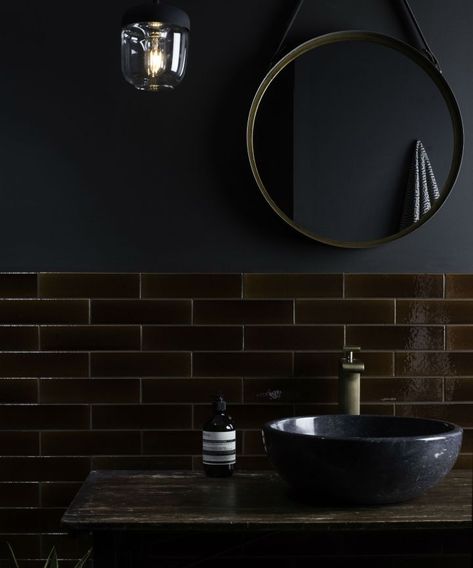 Dark bathroom ideas: 13 dramatic look that deviate from the 'norm' | Real Homes Dark Bathroom Ideas Modern, Bathroom Decor For Small Bathrooms, Bathroom Storage Design, Dark Tile Bathroom, Small Dark Bathroom, Storage Design Ideas, Tiled Bathrooms, Dark Bathroom Ideas, Dark Bathroom