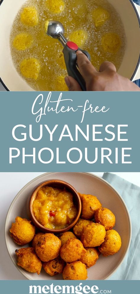 Gluten Free Guyanese Pholourie are crispy, golden, brown bites of fried split pea batter with a warm, fluffy center. This classic Guyanese appetizer is enhanced with spices like curry and garam masala for a mouthwatering snack that can be enjoyed anytime! For an extra kick of flavor, serve these round fritters with a side of mango sour or your favorite dipping sauce. Caribbean Side Dishes, Guyanese Bake, Guyanese Curry, Chicken Curry Rice, Caribbean Fish, Pea Fritters, Guyanese Food, Jamaican Patty, Guyanese Recipes