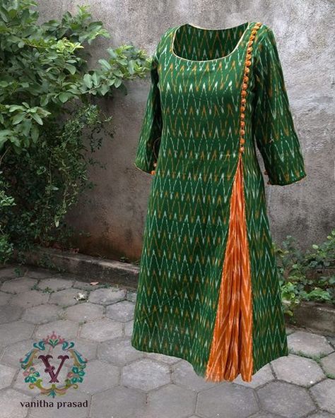 Green kurti Pochampally Kurtis Designs, Orange Dress Indian, Green And Orange Dress, Green Churidar, Pochampally Dress, Kurtis Designs, Salwar Neck Designs, Ikkat Dresses, Tenun Ikat