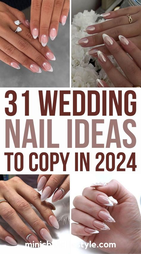 Bridesmaid Almond Nails, Fun Bridal Nails Bachelorette, Dip Nails For Wedding, Simple Elegant Wedding Nails, Nail Designs Bridesmaid, Coffin Bridal Nails, Bachelorette Nails Bridesmaid, Wedding Dip Nails, Wedding Nails 2024