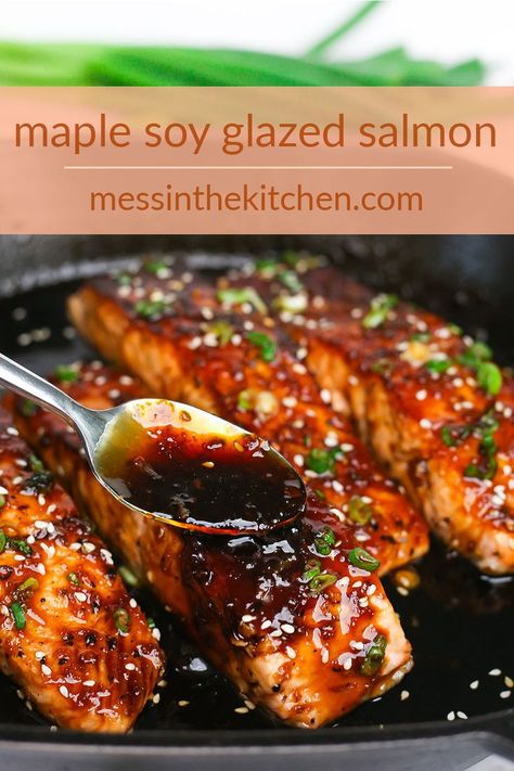 One skillet and 20 minutes: that’s all you need to make my recipe for Maple Soy Glazed Salmon! The perfectly balanced sweet and salty sauce packed with fresh ginger and garlic will soak right up into your crisp, pan-seared salmon. It’s the at-home-restaurant experience you’ve been craving! All that, and next to no mess left to clean up. Sauteed Salmon Recipes, Maple Soy Glazed Salmon, Maple Soy Salmon, Maple Salmon Recipes, Salmon Marinade Recipes, Factor Recipes, Soy Glazed Salmon, Fried Salmon Recipes, Salmon Recipe Pan