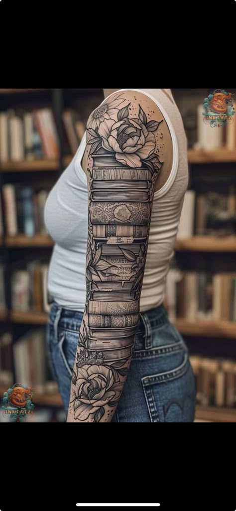 Book Arm Sleeve Tattoo, Book Half Sleeve Tattoo, Book Stack Tattoo, Bookshelf Tattoo, Book Tattoo Sleeve, Tattoos For Readers, Reader Tattoo, Ankle Band Tattoo, Back Of Thigh Tattoo