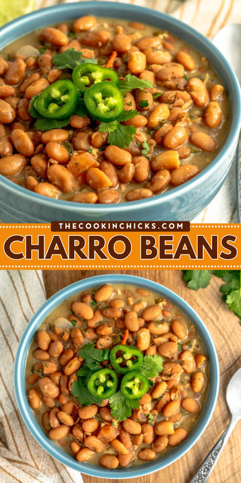 Charro Beans, also known as Frijoles Charros, are pinto beans cooked in a flavor packed broth with bacon, onion, garlic, tomatoes, and more! The perfect dish to add to any Mexican meal! You can cook these Mexican Charro Beans on the stove-top, using a slow cooker, or via Instant Pot. Pressure Cooker Charro Beans, Charro Beans Mexican Stove Top, Easy Charro Beans With Canned Beans, Charro Beans With Canned Beans, Charro Beans Stovetop, Charo Beans Mexican, Meals With Pinto Beans, Frijoles Charros Recipe Mexico, Charro Beans Instant Pot