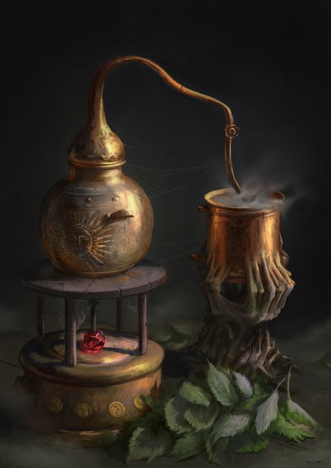 ArtStation - Alchemy Distiller, Domenico Cava (Psion11) Alchemy Concept Art, Alchemy Shop Fantasy Art, Fantasy Chef, Artificer Aesthetic, Fantasy Alchemy, Dark Alchemy, Alchemy Art, Magic System, Fantasy Props