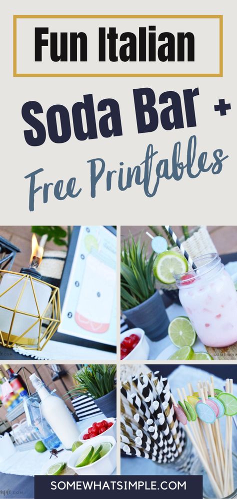 Fun Italian Soda Bar + Free Printables! An Italian soda is a carbonated drink made from carbonated water, cream and flavored syrup. They are sweet and fruity and easy to put together. We recently served Italian sodas at a family gathering, and everyone raved about them. It was so simple and fun! They look fun and festive and they can really add some delicious color to any party or celebration. So we thought, why not create an outdoor soda bar while the weather is beautiful! Soda Shop Party Decor, Italian Soda Recipe Printable, Flavored Soda Bar, Italian Soda Bar Sign, Italian Theme Table Setting, Graduation Drink Ideas, Italian Soda Bar Drink Stations, Soda Bar Drink Stations, Italian Soda Flavors Combinations