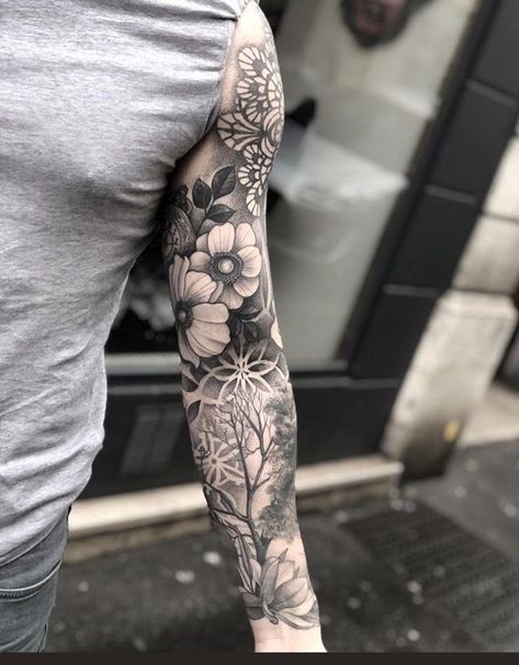 Flower Tattoos Sleeve Men, Men’s Floral Sleeve Tattoo, Flower Tattoo Men Arm, Men’s Flower Tattoo, Men Floral Tattoo, Flower Sleeve Tattoo Men, Floral Tattoo Design Men, Mens Flower Tattoo, Flowers Tattoo Men