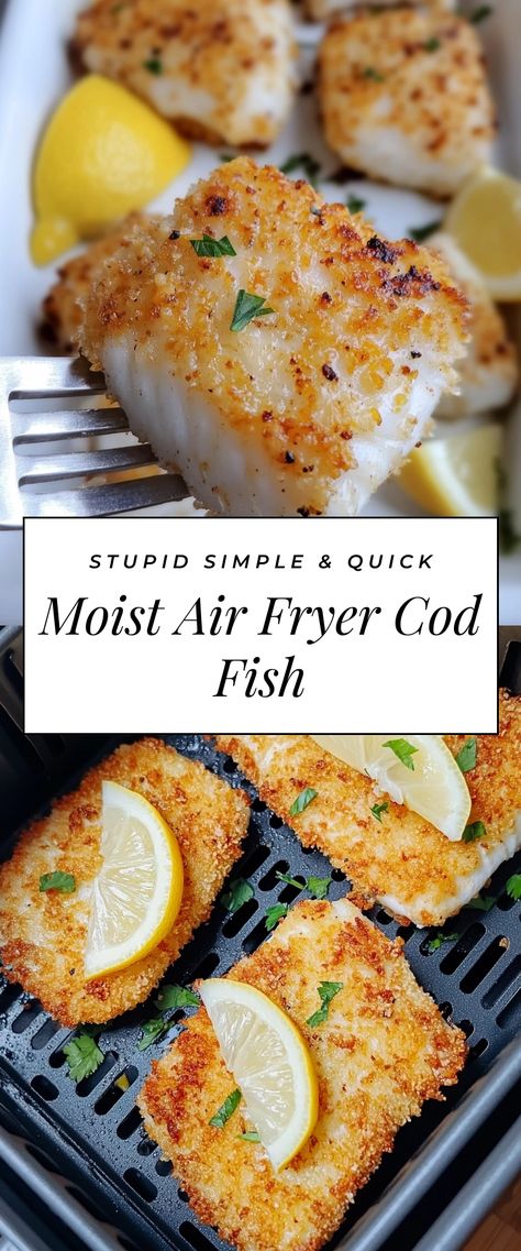 Image for Moist Air Fryer Cod Fish Basic Healthy Recipes, Cod Recipes Healthy Air Fryer, Cod With Pesto Recipes, Stovetop Fish Recipes, Cod Filet Recipes Healthy, Air Fryer Meal Prep Ideas, Healthy Cod Dinner Recipes, Long Cod Recipes, How To Make Cod Fish Recipe