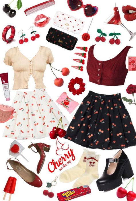 fface8385abbf94b4593a0ed53a0c70fdesc53238752ri Cherry Inspired Outfit, Cherry Clothes, Cherry Fashion, Kiss Outfits, Cherry Girl, Cherry Kiss, Preppy Grunge, Fruit Print, Mood Board Fashion