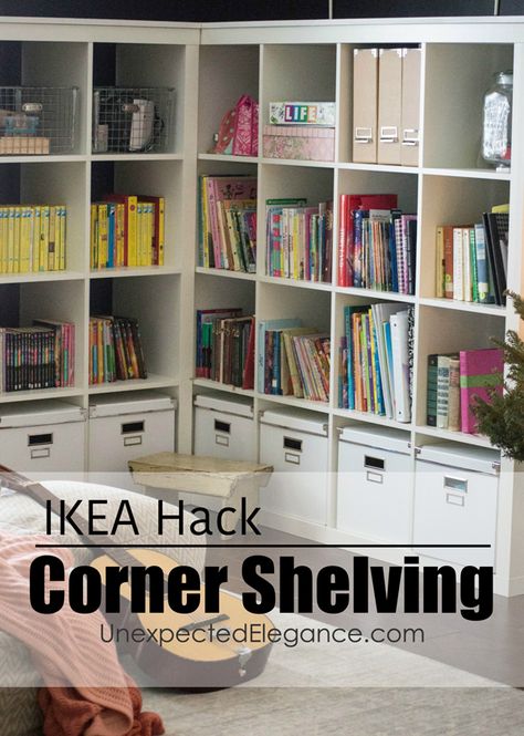 Do you have a corner of a room that needs some storage? Check out this EASY corner cabinet IKEA hack, to turn inexpensive shelving into a corner storage unit. Cabinet Ikea Hack, Corner Of A Room, Corner Storage Unit, Cabinet Ikea, Kids Loft, Kids Office, Playroom Organization, Corner Storage, Kallax Ikea