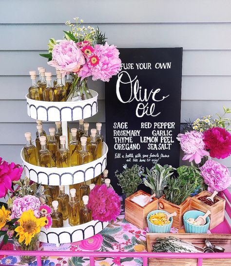 A colorful floral bridal shower inspired by Rifle Paper Co patterns | DIY Floral Bridal Shower Ideas | Top New England Entertaining Blogger Olive Oil Theme Party, Olive Oil Bar Wedding, Olive Oil Shower Favors, Olive Oil Bridal Shower Theme, Flower Bar Favors Ideas, Floral Boho Bridal Shower Ideas, Olive Oil Bridal Shower Favors, Greek Bridal Shower Ideas, Make Your Own Olive Oil Bar