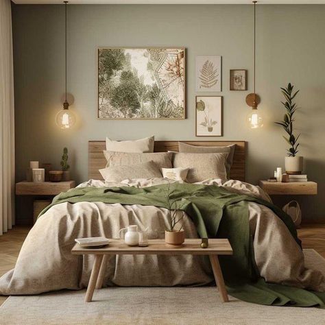 Earth Tone Bedroom, Olive Green Bedrooms, Green Bedroom Walls, Taupe Bedroom, Modern Bedroom Colors, Natural Bedroom, Minimal Bedroom, Earthy Bedroom, Green Sheets