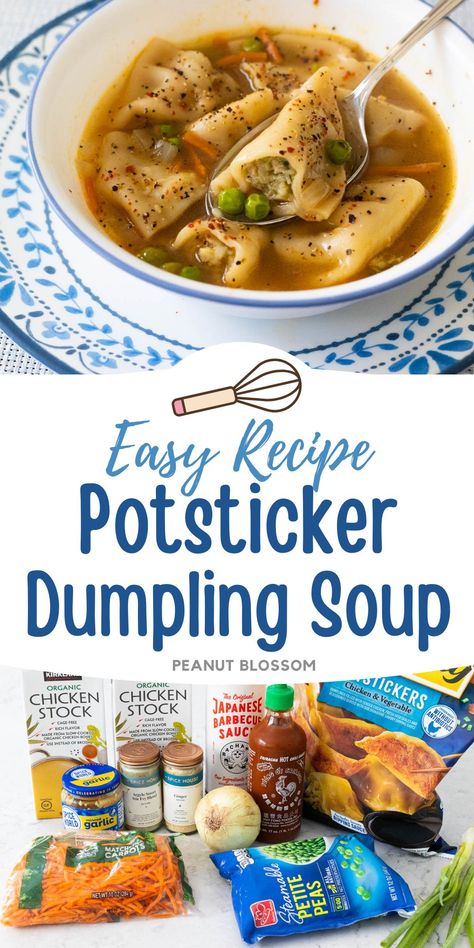 With just a few pantry ingredients and a bag of frozen potstickers, you can make this easy potsticker soup in just 10 minutes. This delicious quick dinner is perfect for a busy night and is a great dinner idea for kids. Potsticker Soup Crockpot, Crockpot Pot Sticker Soup, Potsticker Casserole, Potsticker Soup Easy, Soup With Potstickers, Recipes With Potstickers, Recipes Using Potstickers, Easy Dumpling Soup, Potsticker And Vegetable Soup